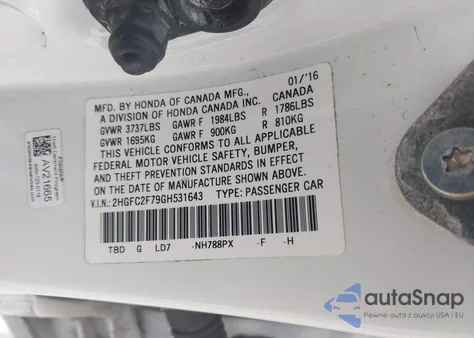 2016 Honda Civic Ex from USA, damaged, VIN 2HGFC2F79GH531643